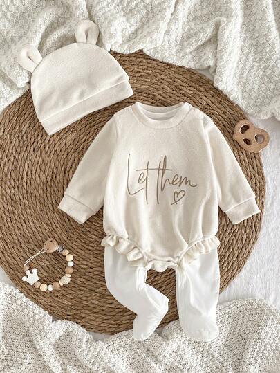 Newborn Baby Pajamas-2 Pack Cream Round Neck Long Sleeve Top Long Footed Pants Ruffle Detail Easy Snap Closure Warm Soft Breathable Skin Friendly Holiday 2026 New Year Baby Gift Minimalist Neutral Cozy Classic Elegant
