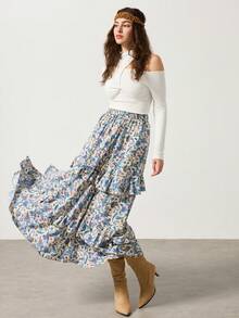 Cévolie Women's Summer Vacation Style Paisley Print Elastic Waist Layered Ruffle Hem Skirt - Blue - View 6