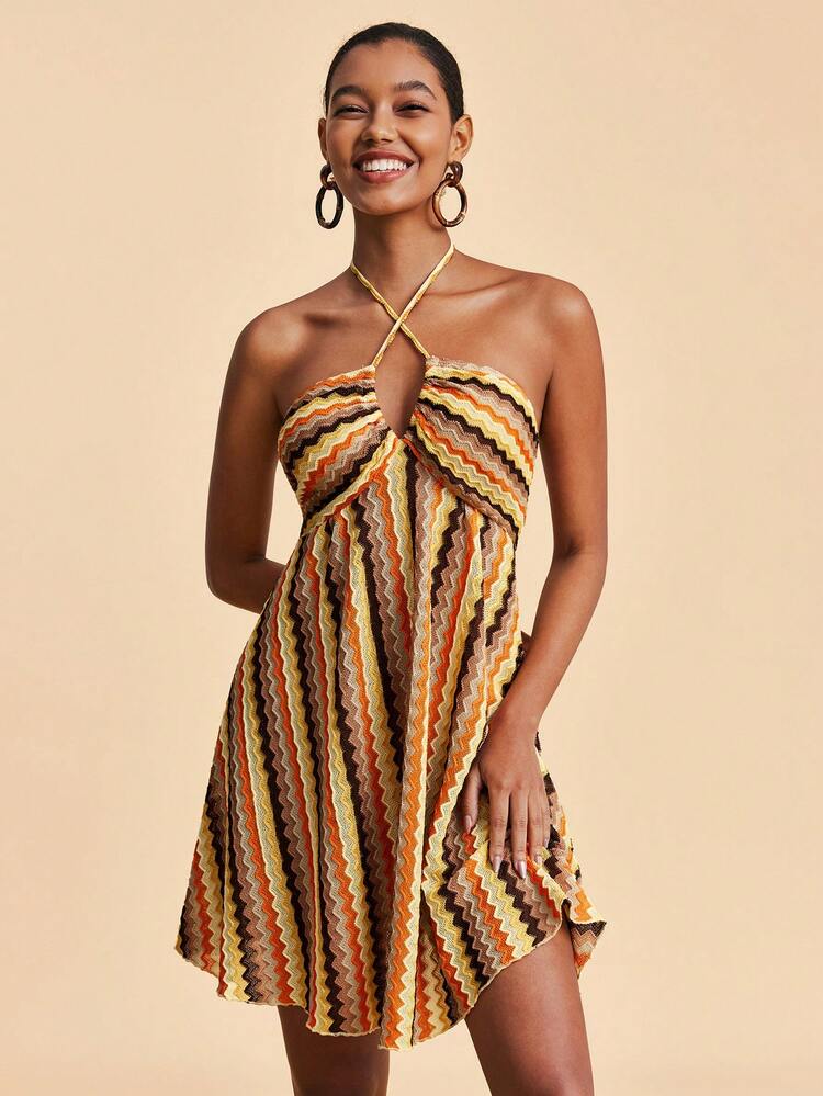 Travachic 女士度假针织彩色条纹露肩迷你连衣裙 - 彩色 - 查看 4