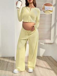 SHEIN Set de maternidad de 2 piezas: Top de manga larga con botones de unicolor y pantalones con nudo delantero - Amarillo - Ver 7