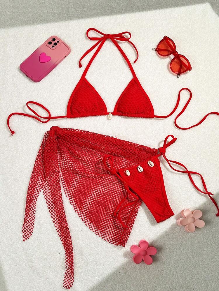 Swim Mod Conjunto de traje de baño sexy de unicolor para playa/resort - Rojo - Añade 1