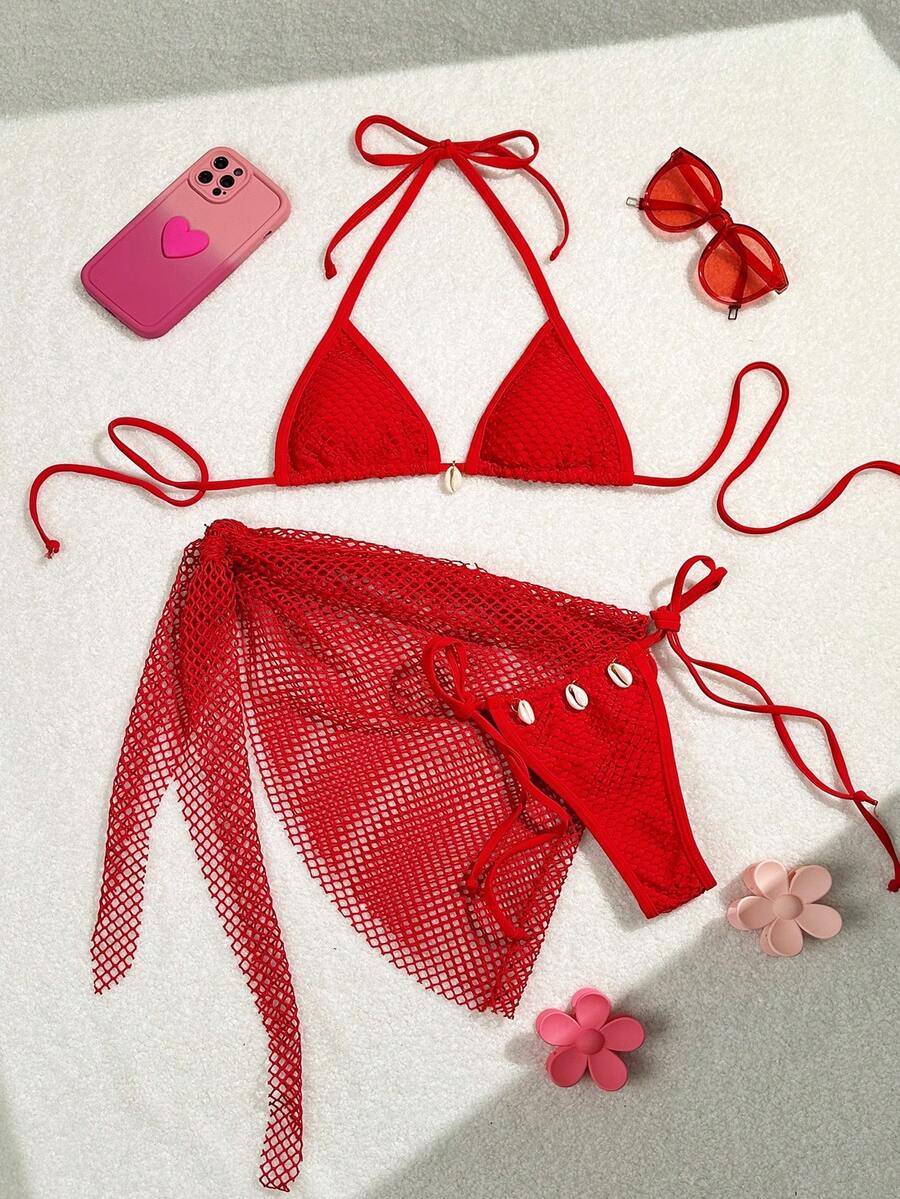 Swim Mod Women's Solid Color Sexy Swimsuit Set For Beach/Resort Red Bikini Set Swimwear 3 Pieces Set Red Swimsuits Red Bathing Suits - Red - View 1