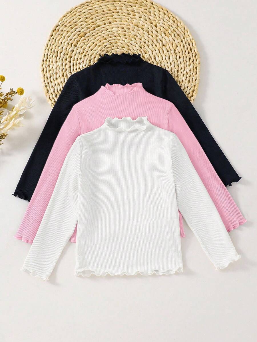 SHEIN 3件套女童休闲基础款纯色罗纹荷叶边高领针织修身T恤套装，秋冬款 - 彩色 - 查看 1