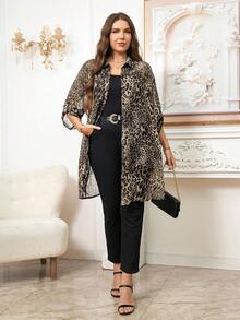 Reflora 大码女式休闲时尚街头风豹纹卷边袖宽松薄纱长款衬衫，适合春、夏、秋季穿着。 - 棕色 - 查看 6