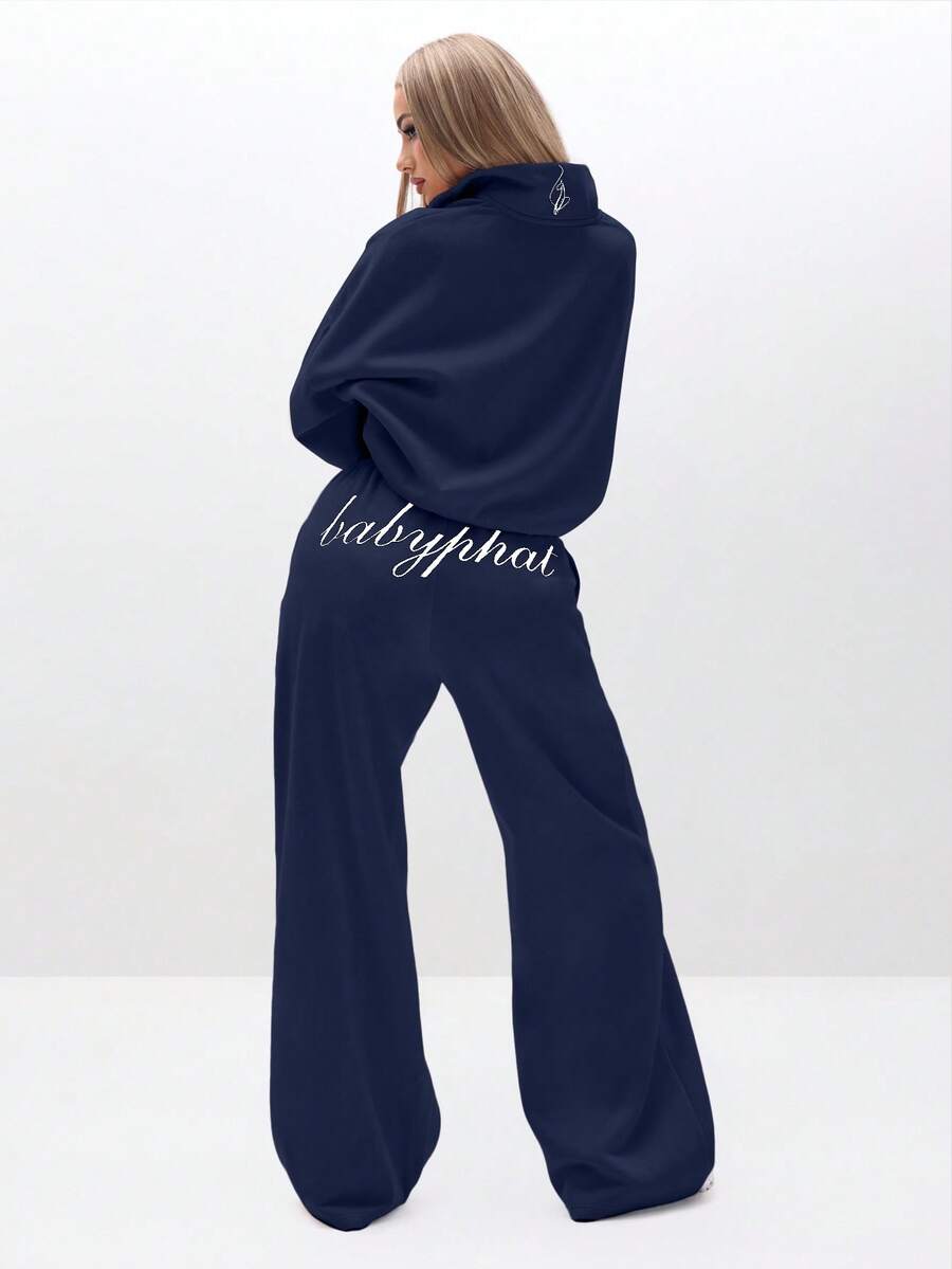 BABYPHAT Relaxed Baggy Sweatpants With Logo Embroidery Wide Leg Loungewear Joggers High Waisted Casual Comfort Pants - Navy Blue - View 1