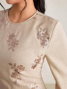 Veilorie Women's Floral Print Round Neck Elegant Long Sleeve Arabic Dress Luxury Dress For Women - Khaki - View 2