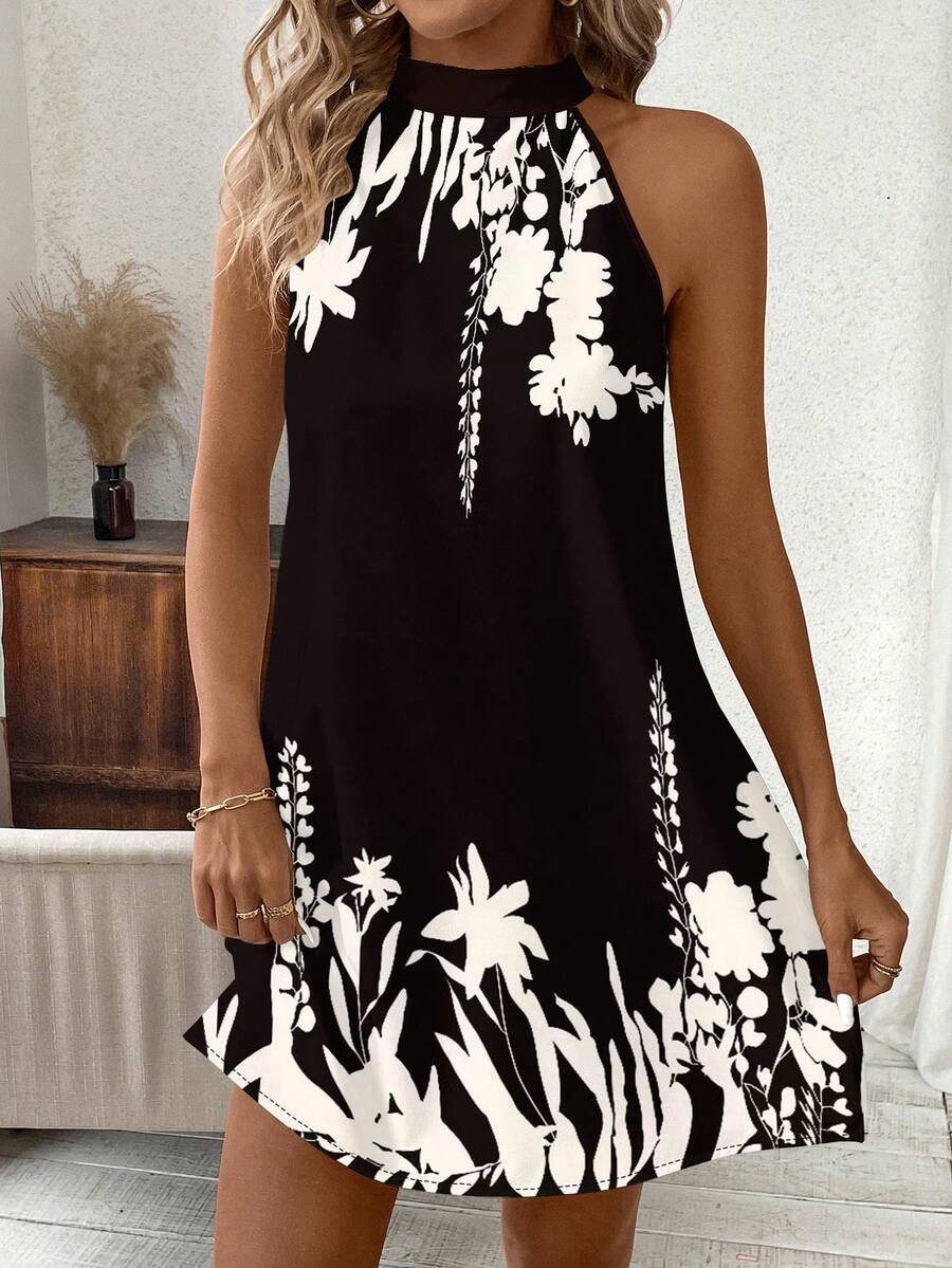 SHEIN Clasi Đầm cổ yếm họa tiết hoa giản dị dành cho nữ, thích hợp cho kỳ nghỉ - màu đen - Xem 1