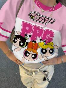 THE POWERPUFF GIRLS X SHEIN 青少年女孩休闲时尚街头风格卡通字母和星星印花拼色短袖 T 恤，夏季 - 白色 - 查看 1