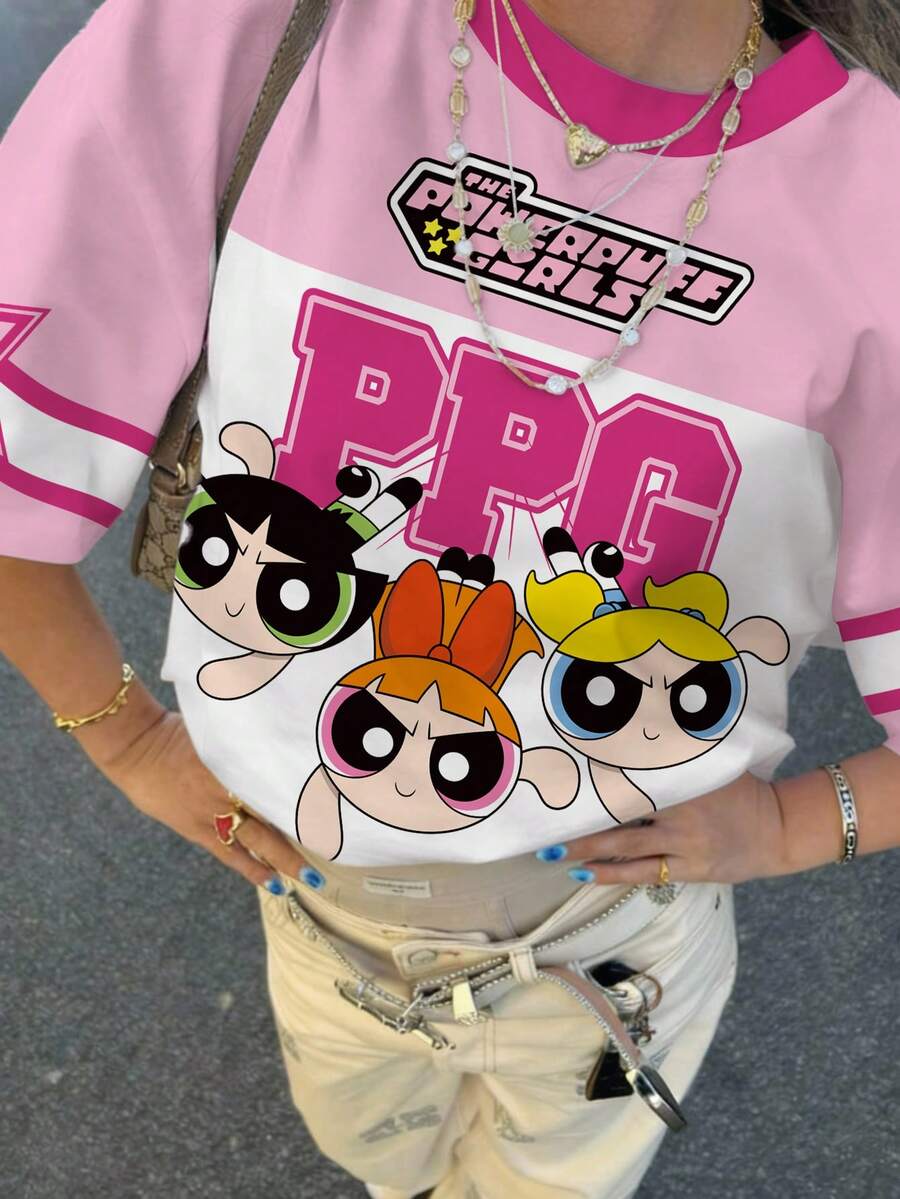 THE POWERPUFF GIRLS X SHEIN 青少年女孩休闲时尚街头风格卡通字母和星星印花拼色短袖 T 恤，夏季 - 白色 - 查看 1