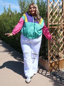 Enliva Chaqueta ligera con bloqueo de color y cremallera para mujer de talla grande, adecuada para viajes y vacaciones - Multicolor - Ver 3