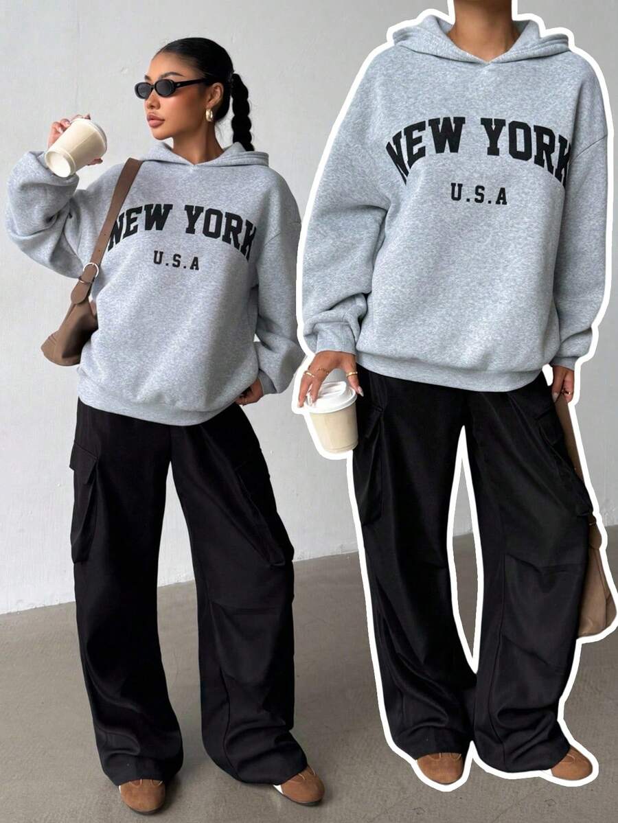 SHEIN Glowzi Tween 女孩连帽衫和运动衫套装，纯色字母印花图案连帽运动衫和工装口袋裤套装，适合运动、返校、度假、学院风、复活节、音乐节、毕业典礼、家庭聚会 - 灰色 - 查看 1