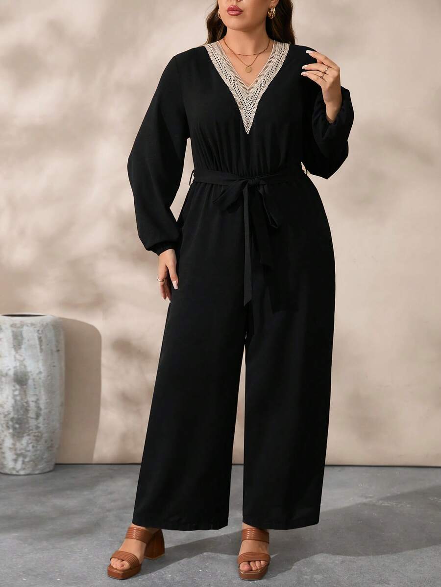 EMERY ROSE 休闲舒适V领长袖连体裤 - 黑色 - 查看 1