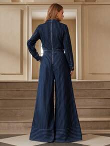 Selenza Retro Fashion Casual Striped Flare Jumpsuit - Dark Wash - View 2
