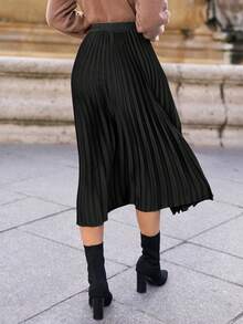 SHEIN Frenchy 女士优雅纯色百褶A字裙，适合通勤 - 黑色 - 查看 5