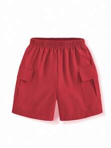 SHEIN 1 Bộ áo thun cổ tròn tay ngắn in hình gấu hoạt hình cho bé trai và quần short cargo, thích hợp mặc ngoài trời, dạo phố, mùa xuân/hè - Màu Đỏ Sâu - Xem 3