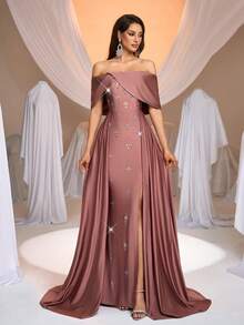 Aureia Women's Elegant Luxurious Stretch Knit & Satin Off Shoulder Mermaid Hem Dress With Sequins,Formal Evening Gown Glamorous Off Shoulder Formal Dresses - Brown - View 7