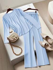 SHEIN LUNE Bộ đồ 2 món thường ngày thiết kế áo dài tay cài nút màu trơn cỡ lớn cho nữ - Màu xanh lam - Xem 2
