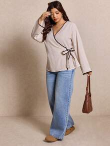 Elaquor Chemise marron à manches longues évasées avec volants pour femmes grandes tailles, convient pour les déplacements quotidiens