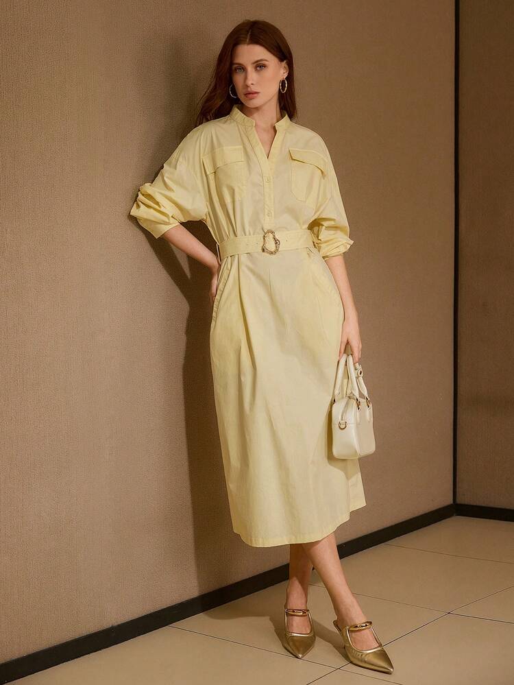 SOLID NOTCH NECK FLAP POCKET METAL BUCKLE BELTED SPLIT HEM DRESS