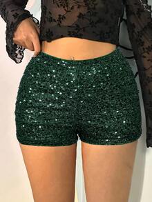 SHEIN EZwear Grüne glitzernde gestrickte Shorts für Frauen für Musikfestivals - Dunkelgrün - Übersicht 6