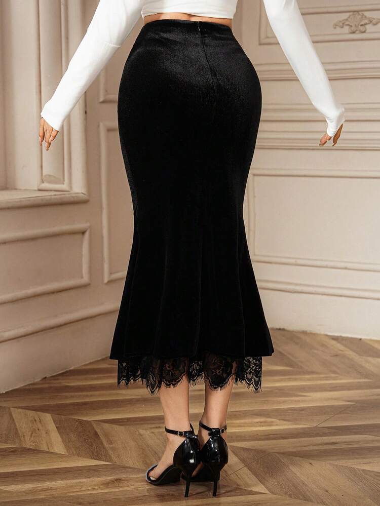 Women's Elegant Commuter Solid Color Lace Trim Fishtail Skirt