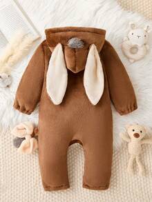 SHEIN Perso Play Baby Girl Plush Cartoon Hooded Jumpsuit, Cute Long Sleeve Baby, Donkey Design, Autumn/Winter - Multicolor - View 2