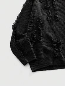 ROMWE MEN Grunge Punk Spring/Summer Casual Graphic Men'S Casual Solid Color Distressed Jacquard Knit Sweater, Autumn/Winter - Black - View 4