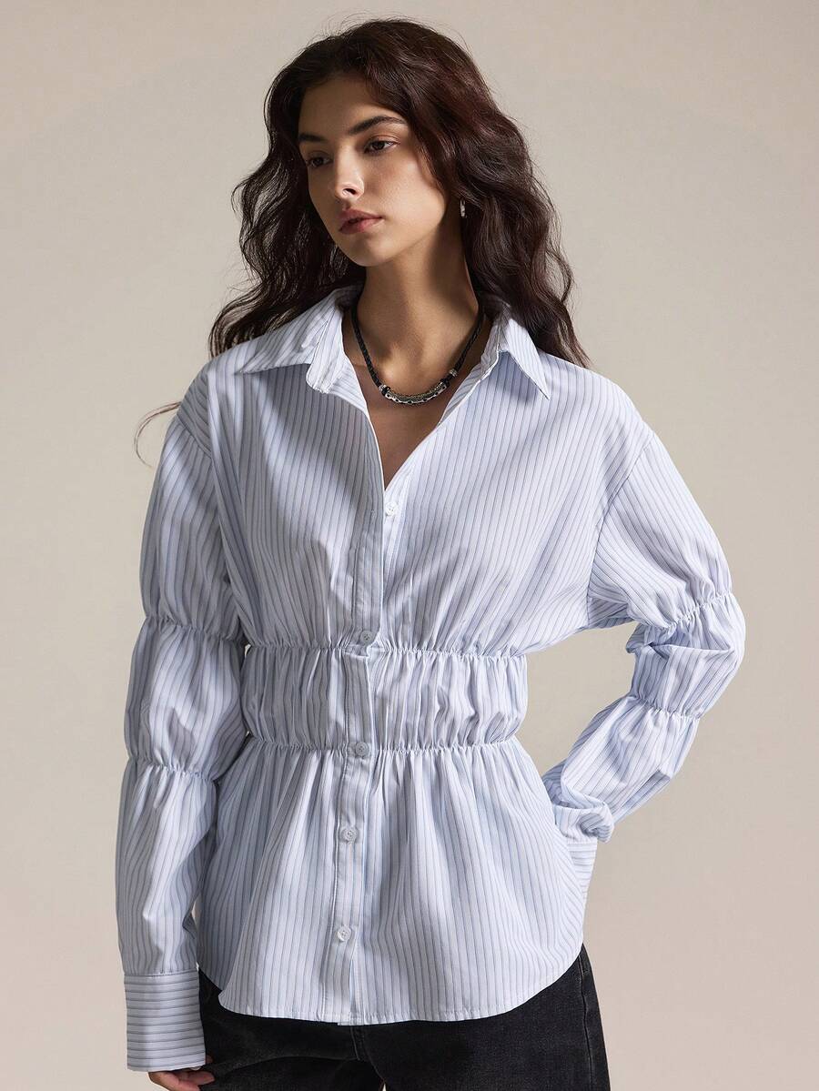 Easelle Casual Retro Waist Cinched Striped Tuck In Your Waist Comfortable And Skin-Friendly Women Shirt Shirts For Women Elegant Blue And White Shirt Blue Striped Shirt Cinched Waist Top - Multicolor - View 1
