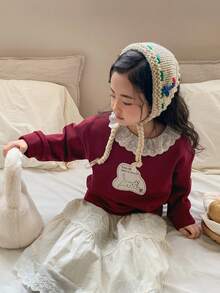 DAZY 女童圆领荷叶边卡通休闲长袖时尚花卉边饰卫衣 - 紅色 - 查看 8