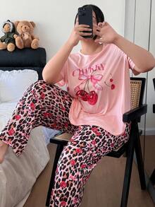 SweetSlumber Plus Size Women Cherry Leopard Print Casual Pajama Set - Multicolor - View 4