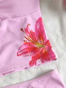 SHEIN 少女款吊带比基尼泳衣，细肩带比基尼上衣，时尚多彩夏季休闲泳装 - 粉色 - 查看 4