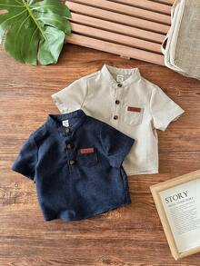 2 chiếc áo sơ mi tay ngắn đơn giản, màu trơn, dễ mặc, có nút cài trang trí cho bé trai - Màu be - Xem 3