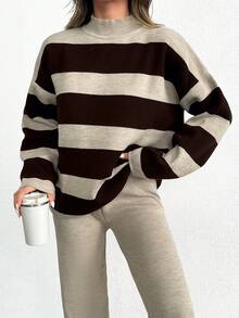 EURMUSE Striped Pattern Drop Shoulder Sweater & Knit Pants, Tall Women - Multicolor - View 3