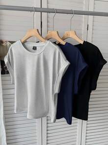 SHEIN LUNE 3件套女士休闲纯色基础款短袖T恤简约舒适上衣 - 藏蓝色 - 查看 3