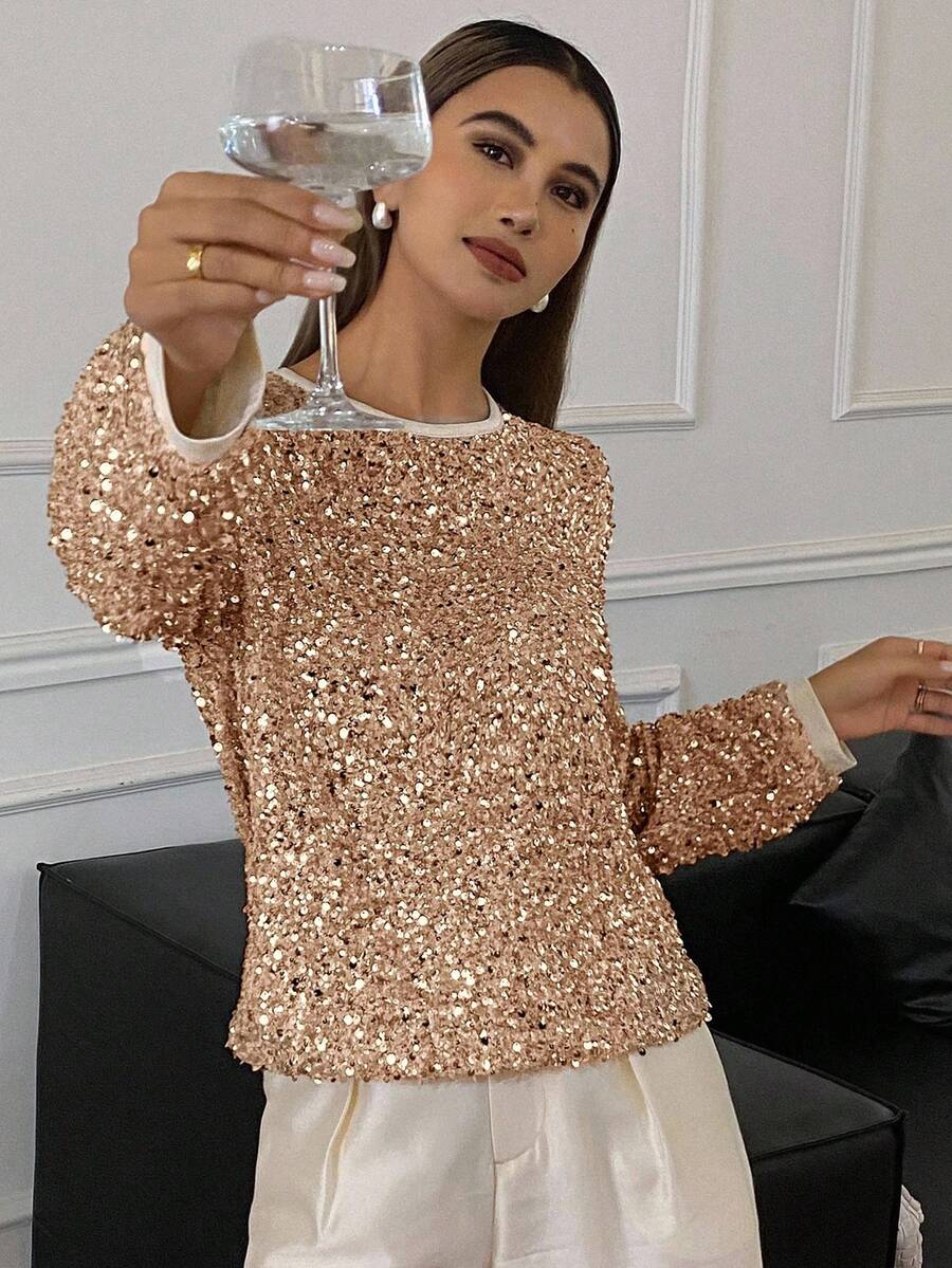 Livesso 女士宽松亮片银色休闲圆领T恤，新年闪亮嘉年华上衣 - 杏色 - 查看 1