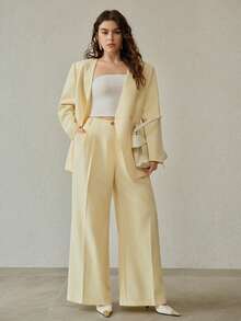 MOTF PREMIUM ÁO LEN KHOÁC CỠ LỚN, CỔ CHỮ V, VÁY ĐÔI, CÓ THẮT LƯNG, CÓ THẮT LƯNG - Vàng nhạt - Xem 2