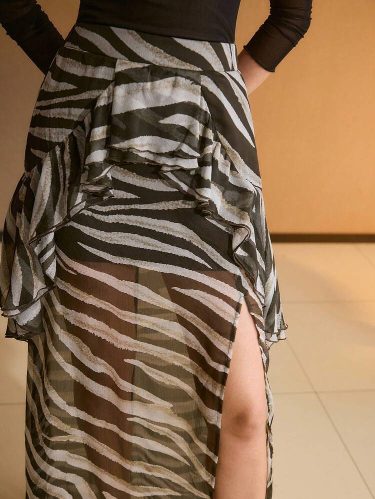 WOMEN'S CHIFFON RUFFLE TRIM SLIT SKIRT