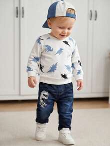 SHEIN Playful Pals Baby Boy Dinosaur Print Long Sleeve Top And Elastic-Waist Jeans-Style Pants, Fall/Spring - White - View 6