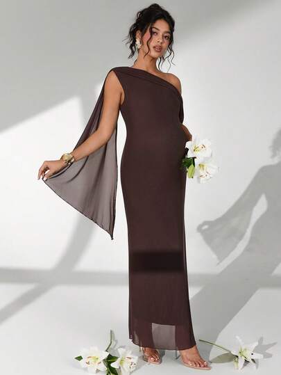 Cheriluna Maternity Elegant Solid Color Asymmetric Shoulder Maternity Photography Dress