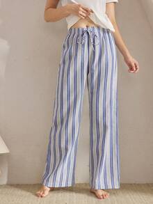 Ocili Quần vải cotton pha trộn sọc cơ bản có dây rút, quần mặc nhà thoải mái dễ chịu cho mùa thu, thời trang mùa thu và mùa đông - Xanh và trắng - Xem 7