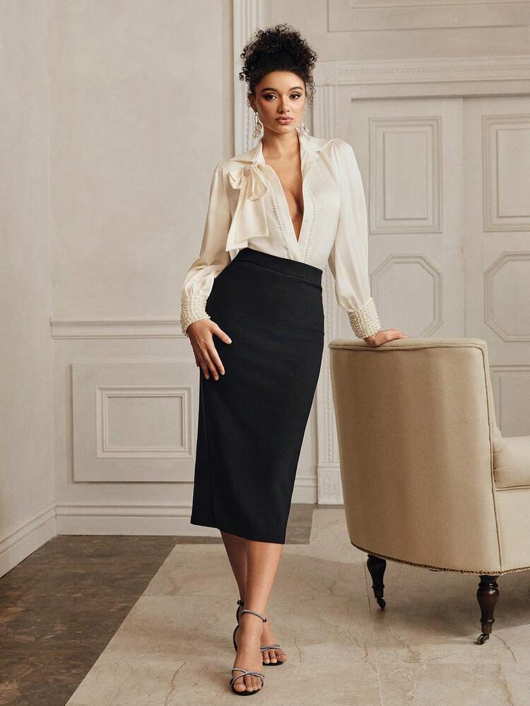 Women's Autumn Bow Puff Sleeve Satin Blouse + Knit Bodycon Skirt 2 Pieces Set