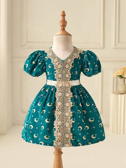 Glamorique Kids Infant/Toddler Bohemian Style Dark Green Velvet Star & Moon Pattern Formal Princess Dress