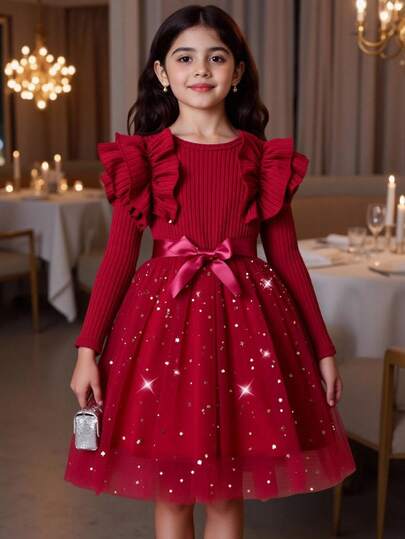 女童可爱圆领罗纹荷叶边长袖拼接波点网纱薄纱派对连衣裙，配腰带，圣诞派对连衣裙