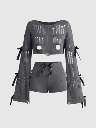 Kawaii 2pcs/Set Women Loose Hollow Bowknot Off Shoulder Outfit