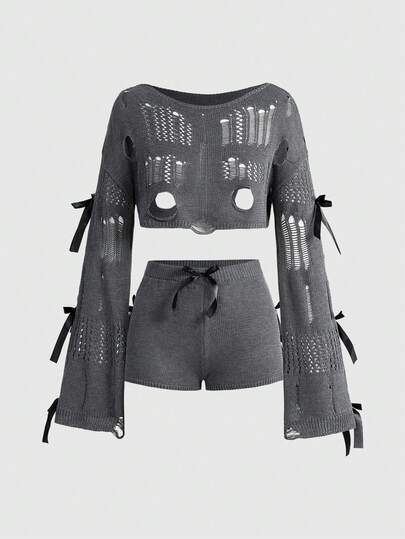 Kawaii 2 pezzi/Set Outfit da donna con spalle scoperte, morbido e con fiocco traforato