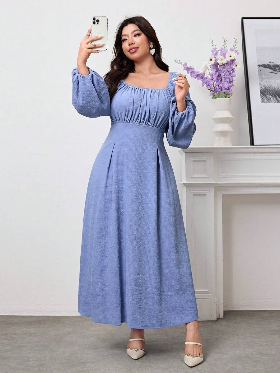 Modelyn Plus Size Women's Elegant Square Neck Maxi Dress, Lantern Sleeve, Ruffle, Tie Back, Solid Color, Autumn Long Dress, Suitable For Party, Office, Airport, Commute, Family Gathering, Banquet, Business, Afternoon Tea - Blue - View 1
