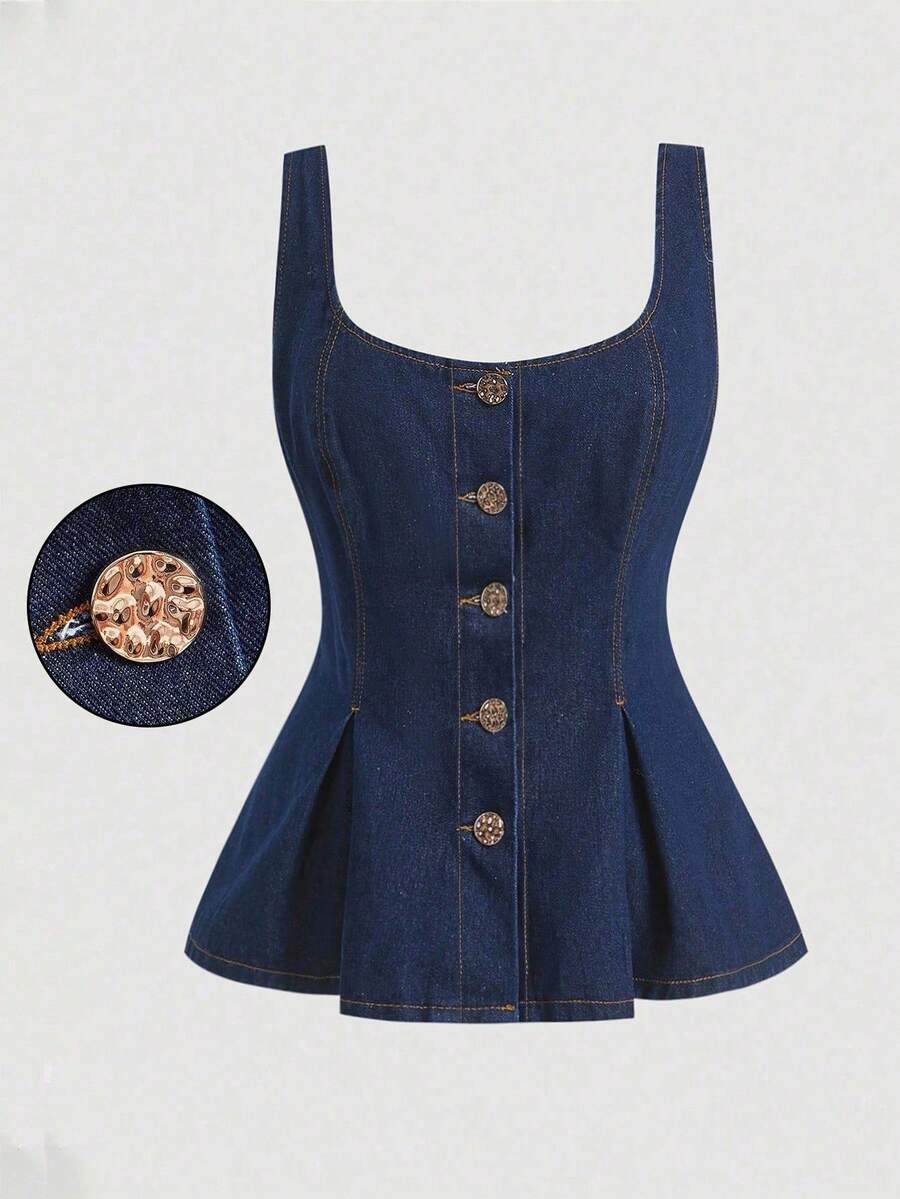 SHEIN MOD 女士休闲牛仔荷叶边吊带背心，美式街头风 - 深色水洗藍 - 查看 1