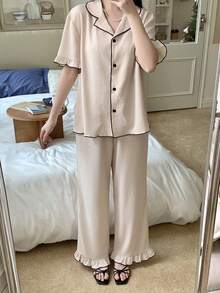 SHEIN 少女雪纺荷叶边领泡泡袖睡衣，休闲家居服 - 杏色 - 查看 3
