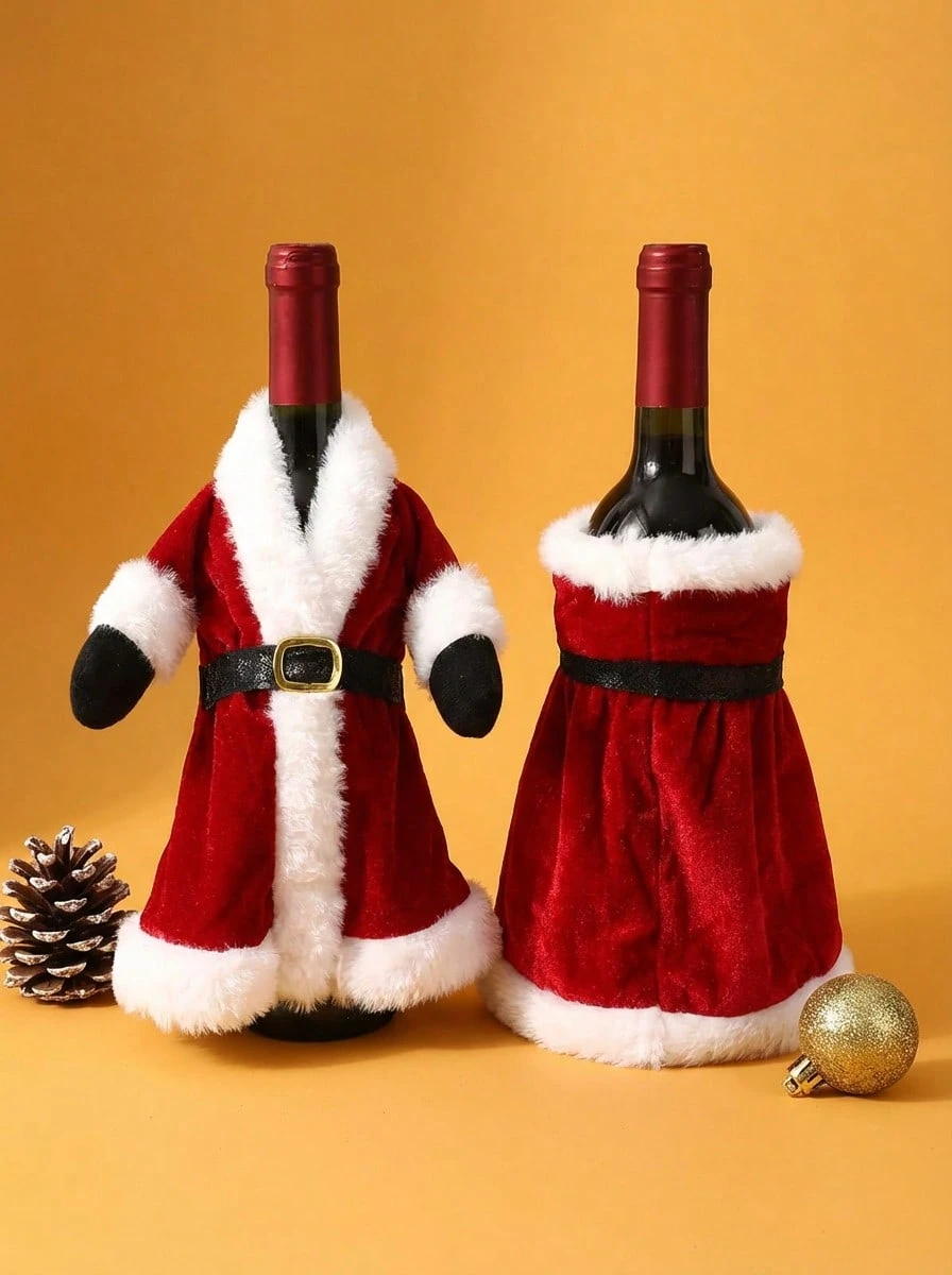 Joivida 1pc/2pcs Set Creative Red Wine Bags, Classic Vintage Dress Bottle Cover, Santa Claus Champagne Bottle Decor, For Outdoor Party, Restaurant Holiday Atmosphere, Home Kitchen Dining Table Decor, Farmhouse Decoration,