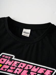 THE POWERPUFF GIRLS X SHEIN Áo thun đen in chữ hoạt hình vui nhộn, dễ thương, thời trang dạo phố, đi làm hàng ngày dành cho nữ, cỡ lớn, mùa hè - màu đen - Xem 3